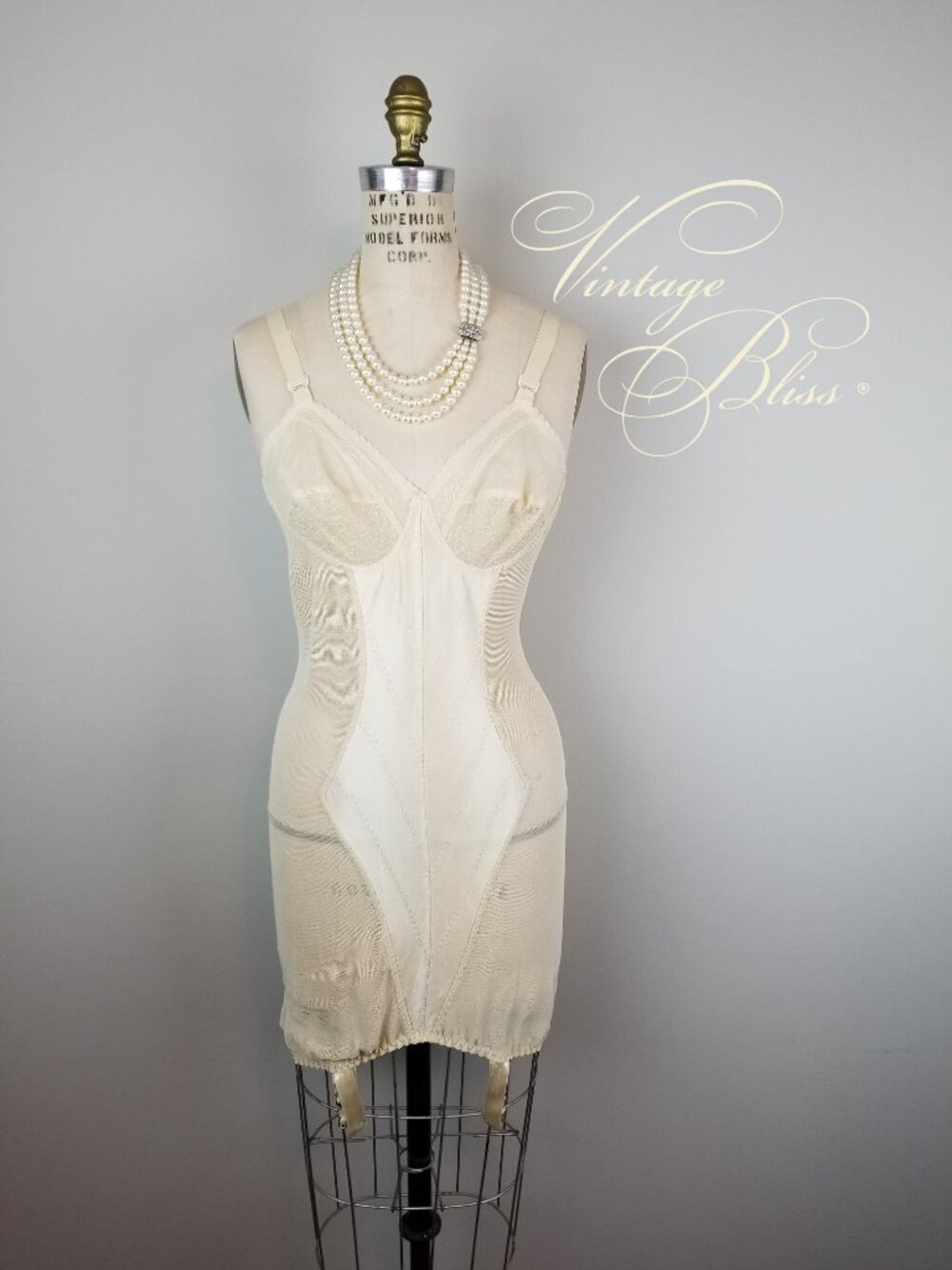 Vintage 1950's Bustier Shapewear Slip Garter Pin Up Ivory Lace & Mesh Size 34B